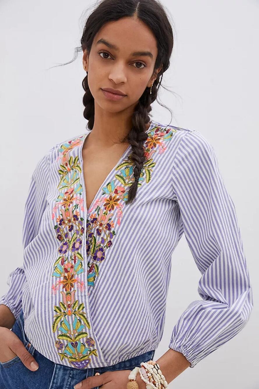 Anthropologie Artemis Embroidered Deep V Striped Blouse Medium Floral